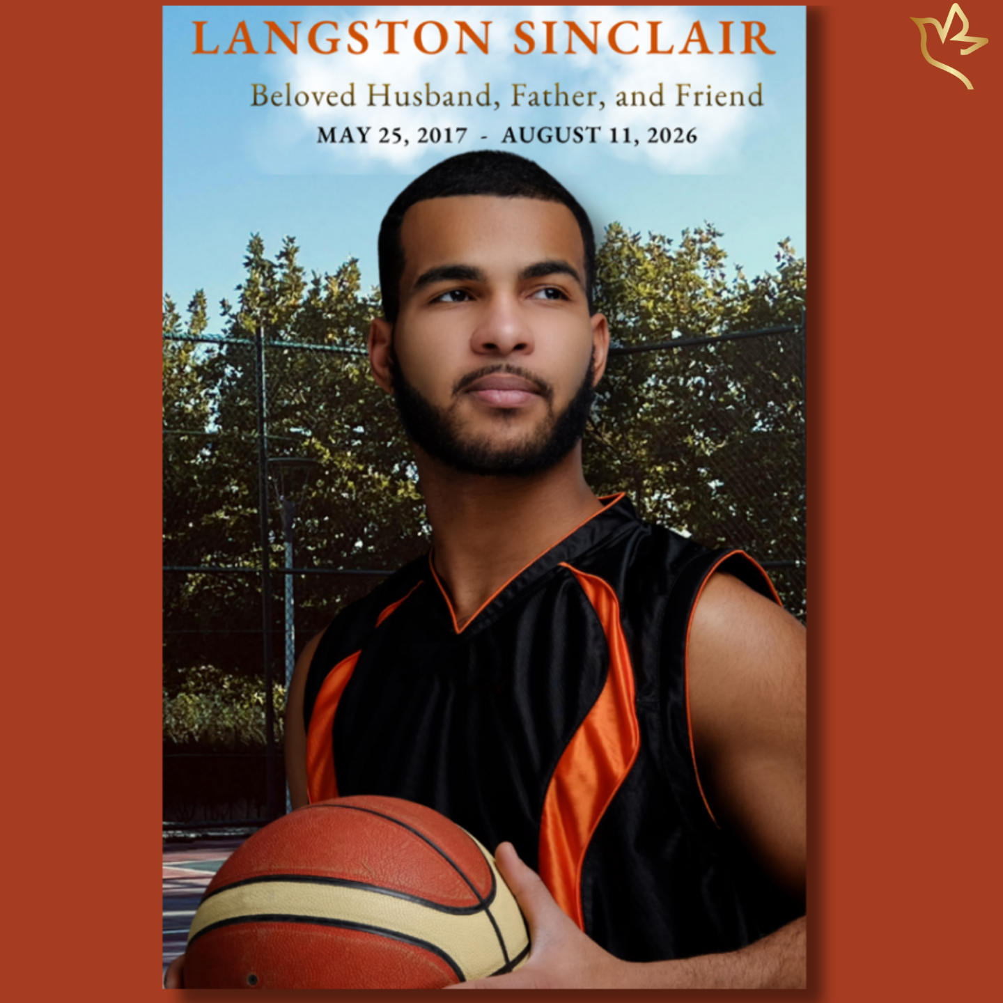 A confident man holding a basketball on an outdoor court, with warm sunlight and trees in the background, framed in a rich, masculine design that blends strength, legacy, and love of the game.