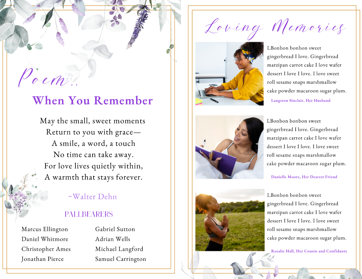 Poem and Loving Memories pages featuring the poem “When You Remember” alongside tribute messages and portrait photography within delicate lavender floral accents.
