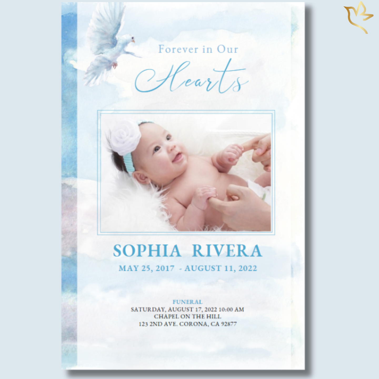 Soft watercolor sky funeral program cover featuring white doves, serene blue tones, and framed photo area in a peaceful memorial design.
