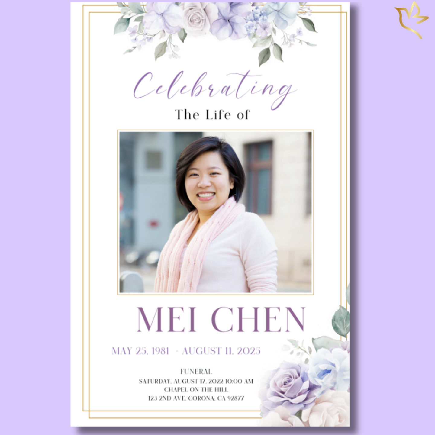Love and Remembrance funeral program cover featuring soft lavender and blush watercolor roses with elegant gold borders framing a centered memorial portrait and classic purple typography.