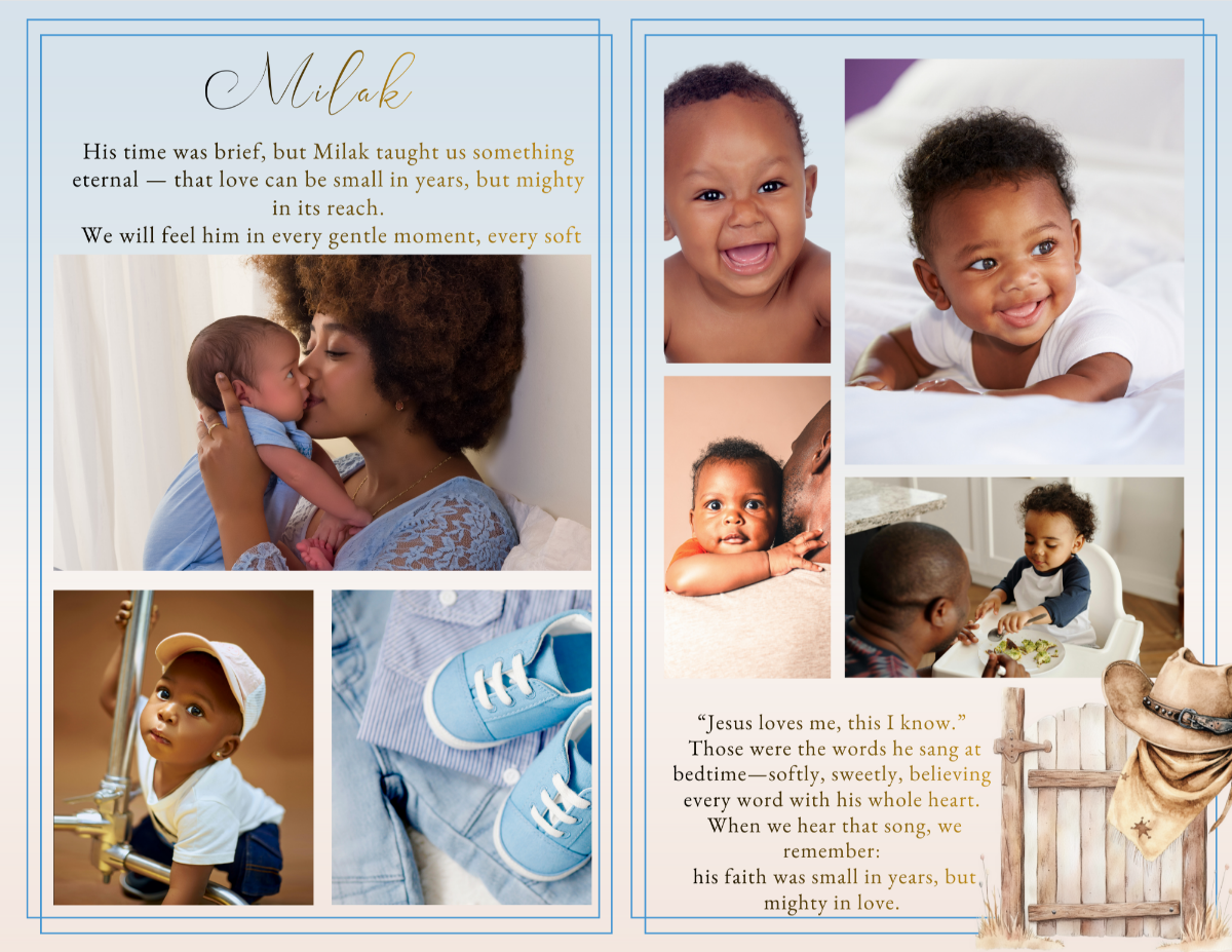 Photo collage tribute spread featuring baby portraits, family moments, and keepsake details like tiny shoes arranged in soft blue layouts with Western gate illustration accents.