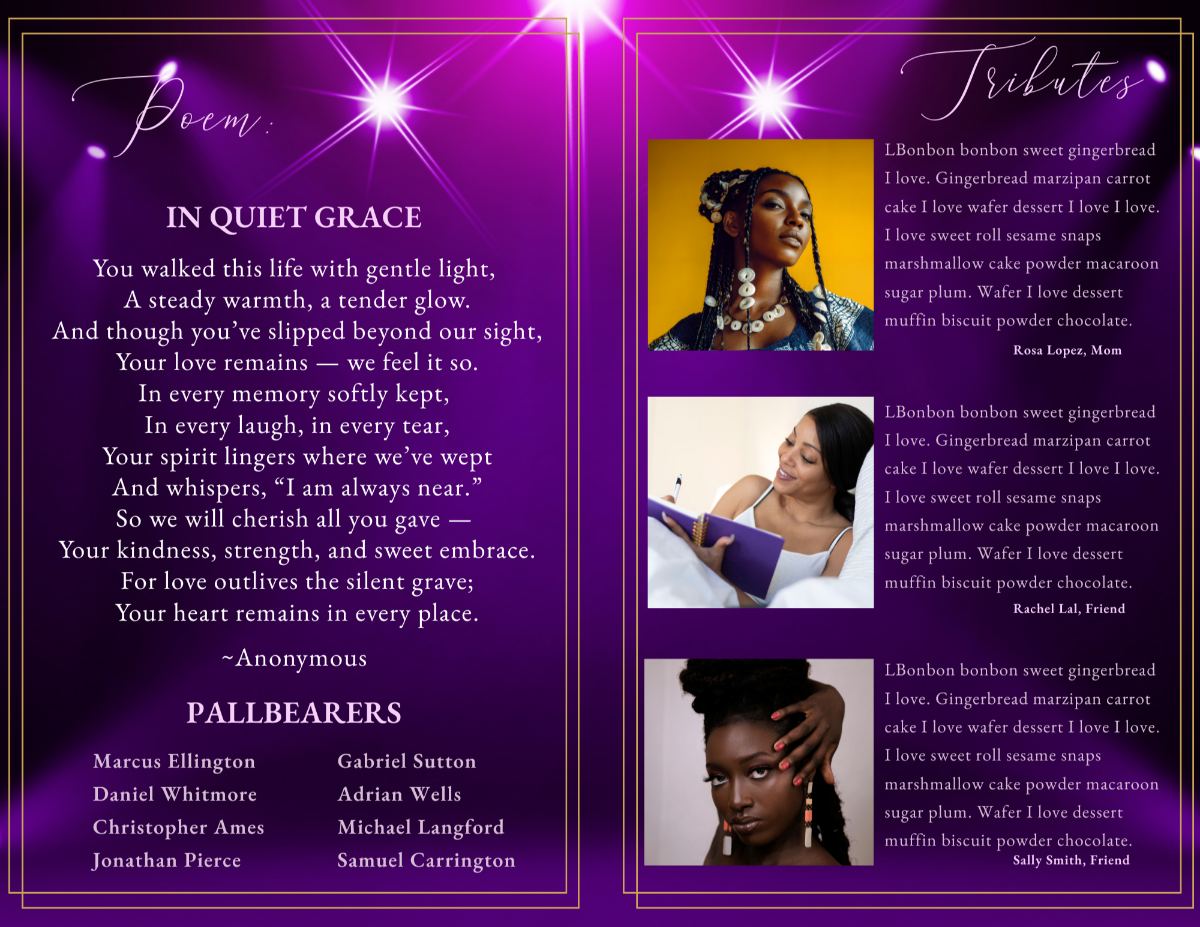 Poem page titled ‘In Quiet Grace’ paired with tribute messages and family photos, all presented on a glowing purple background with gold detailing.