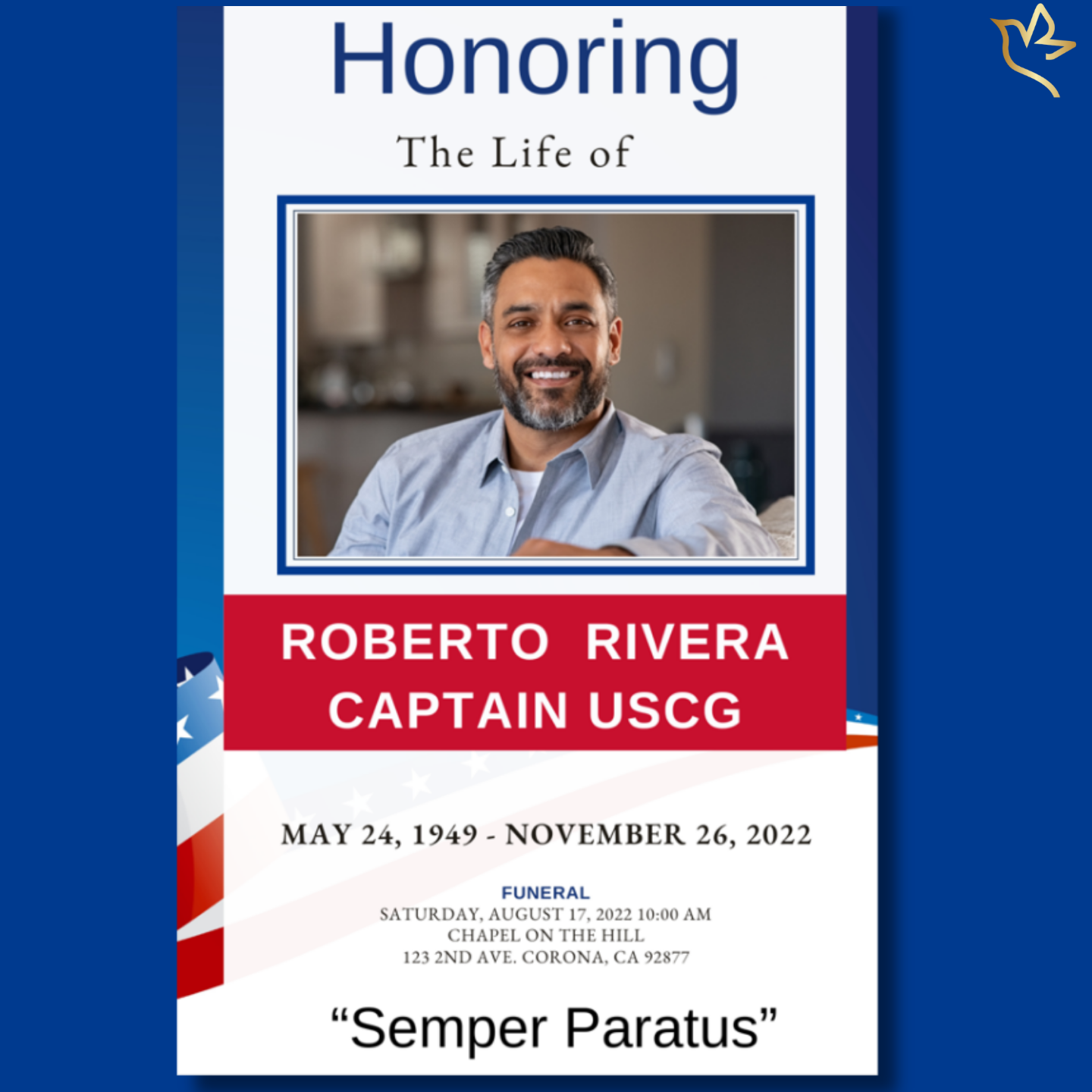 Front cover featuring Stars and Stripes – USCG Funeral Program Template with American flag accents, navy borders, and photo of the honored Coast Guard..