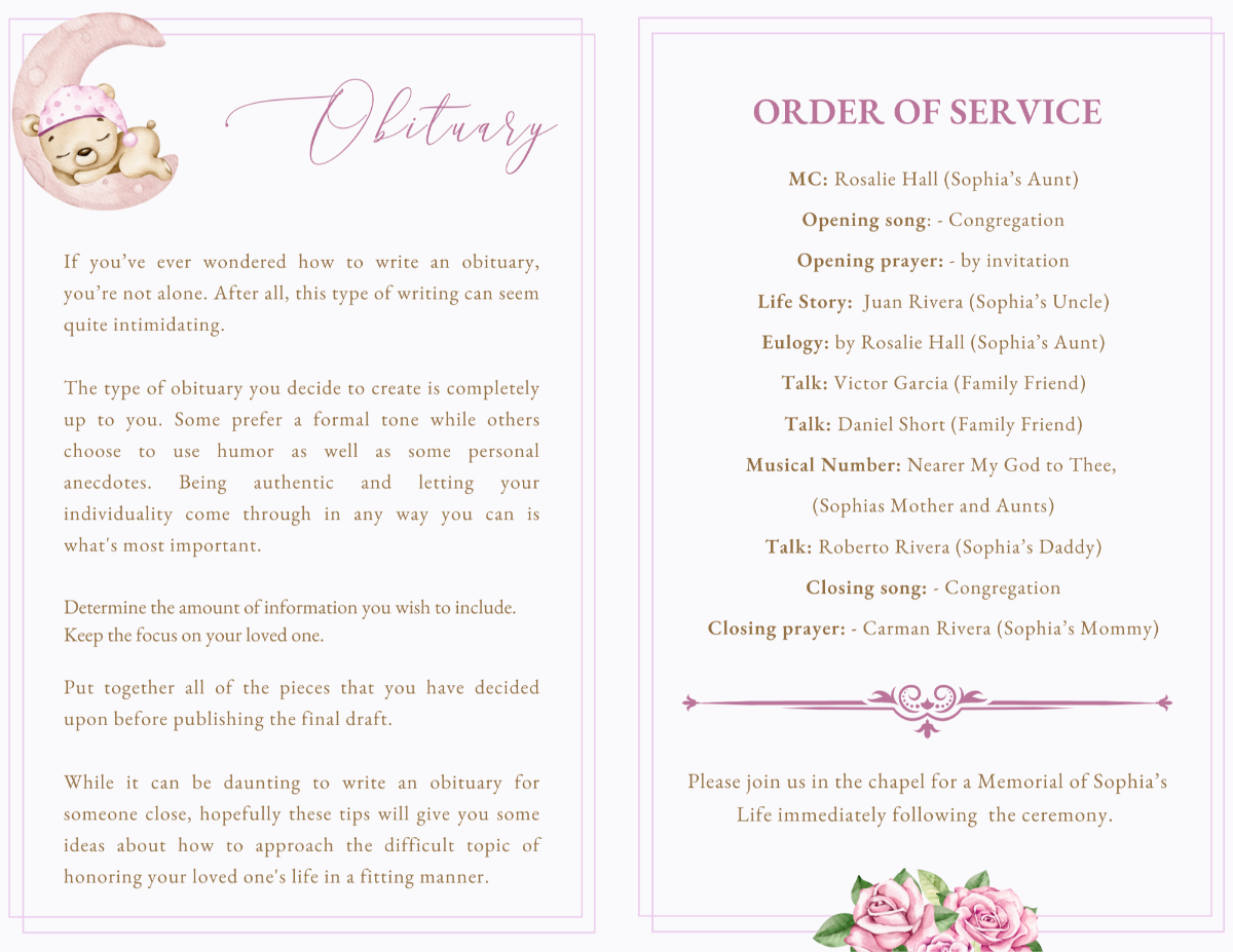 Obituary and Order of Service pages with pink borders and gentle teddy bear artwork
