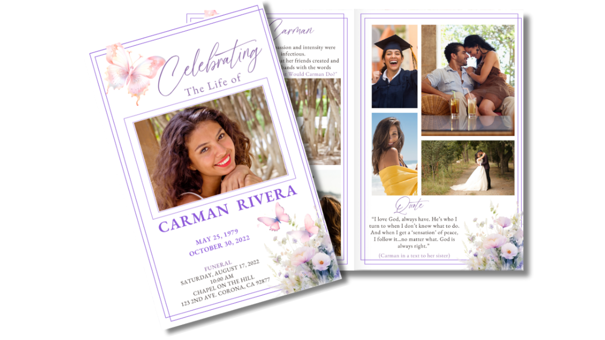 Two-page spread with a ivory background, floral accents, a thank-you message, memorial poem, and matching front-cover design featuring a framed portrait.