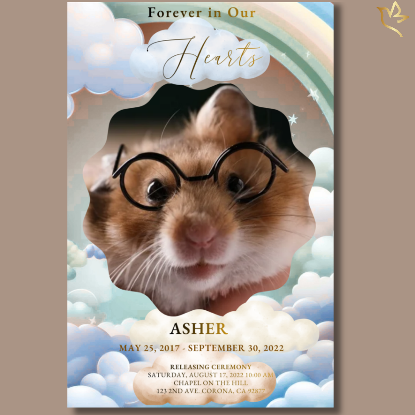 Where Little Whiskers Wander funeral program cover featuring a small pet hamster framed inside a scalloped cloud opening, surrounded by pastel rainbow, soft clouds, and gentle sky tones symbolizing peace and remembrance.