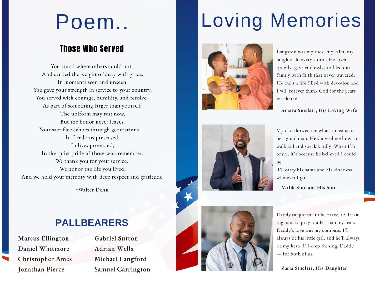 Interior pages featuring the memorial poem, pallbearers list, and loving tributes decorated with flag-inspired ribbon details.