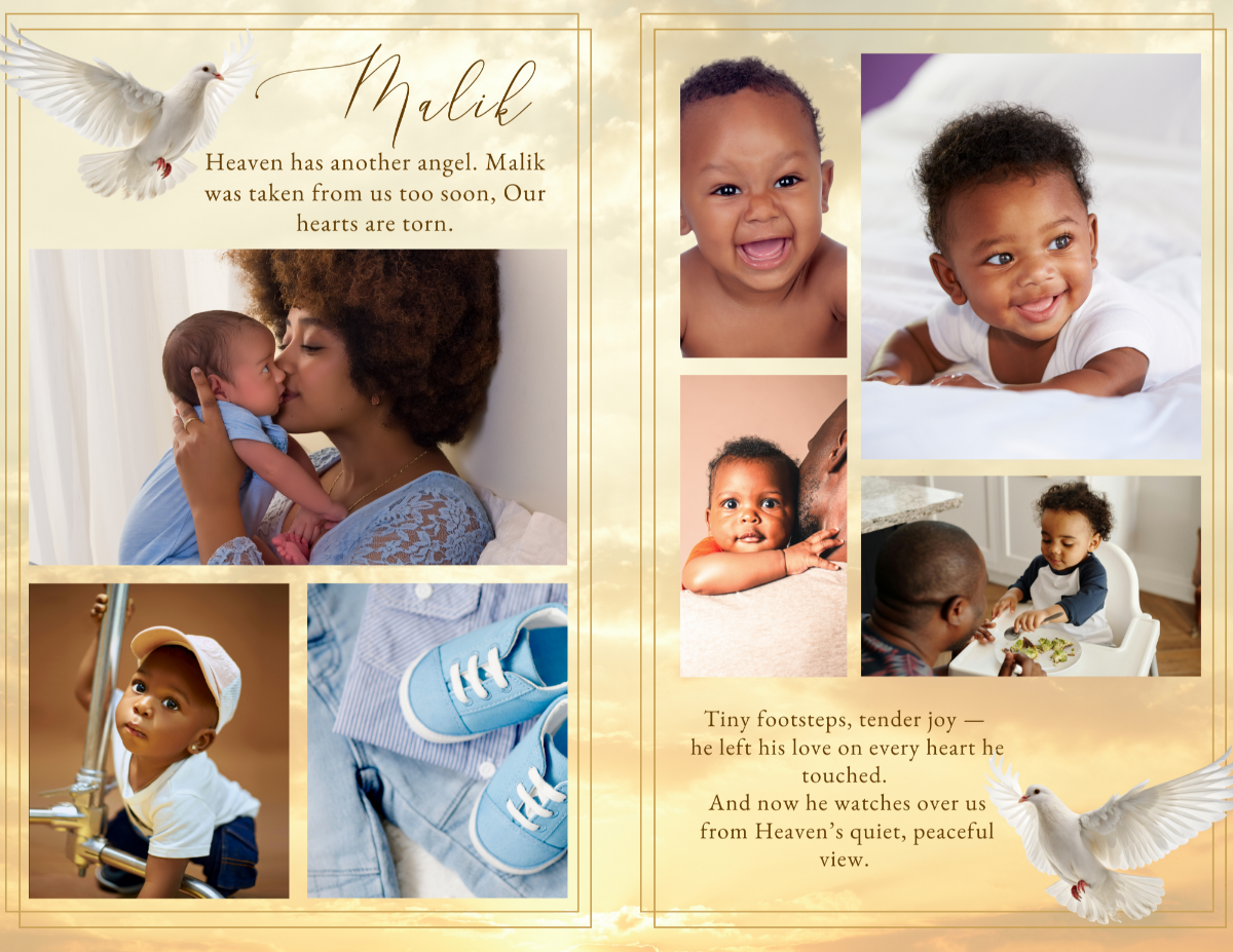 Two-page photo collage layout showing parents with their baby, smiling toddlers, gentle golden light, and dove artwork creating a peaceful memorial theme.