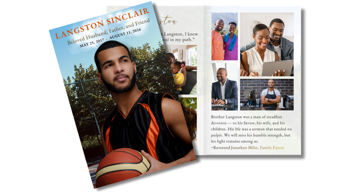 Front cover featuring a man with a basketball alongside an open interior spread with structured sections for memories, photos, and tributes.