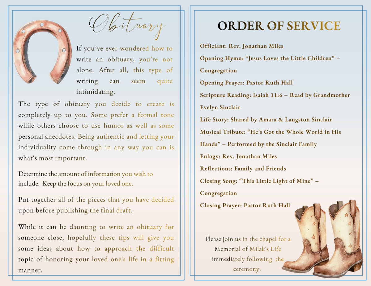 Obituary and order of service pages with watercolor horseshoe illustration, cowboy boots accent, and structured sections for honoring a child’s life with dignity and faith.