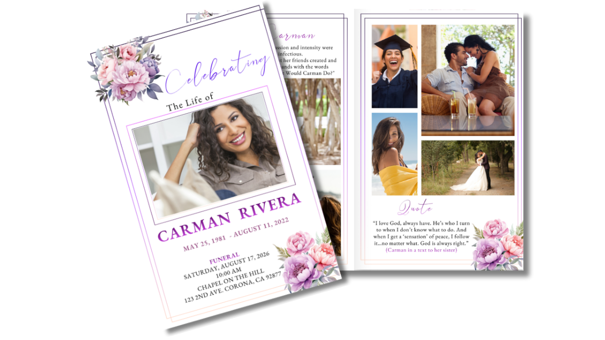 Front-cover and interior pages spread featuring blush peonies, soft pink background, framed portrait, and a memorial poem.
