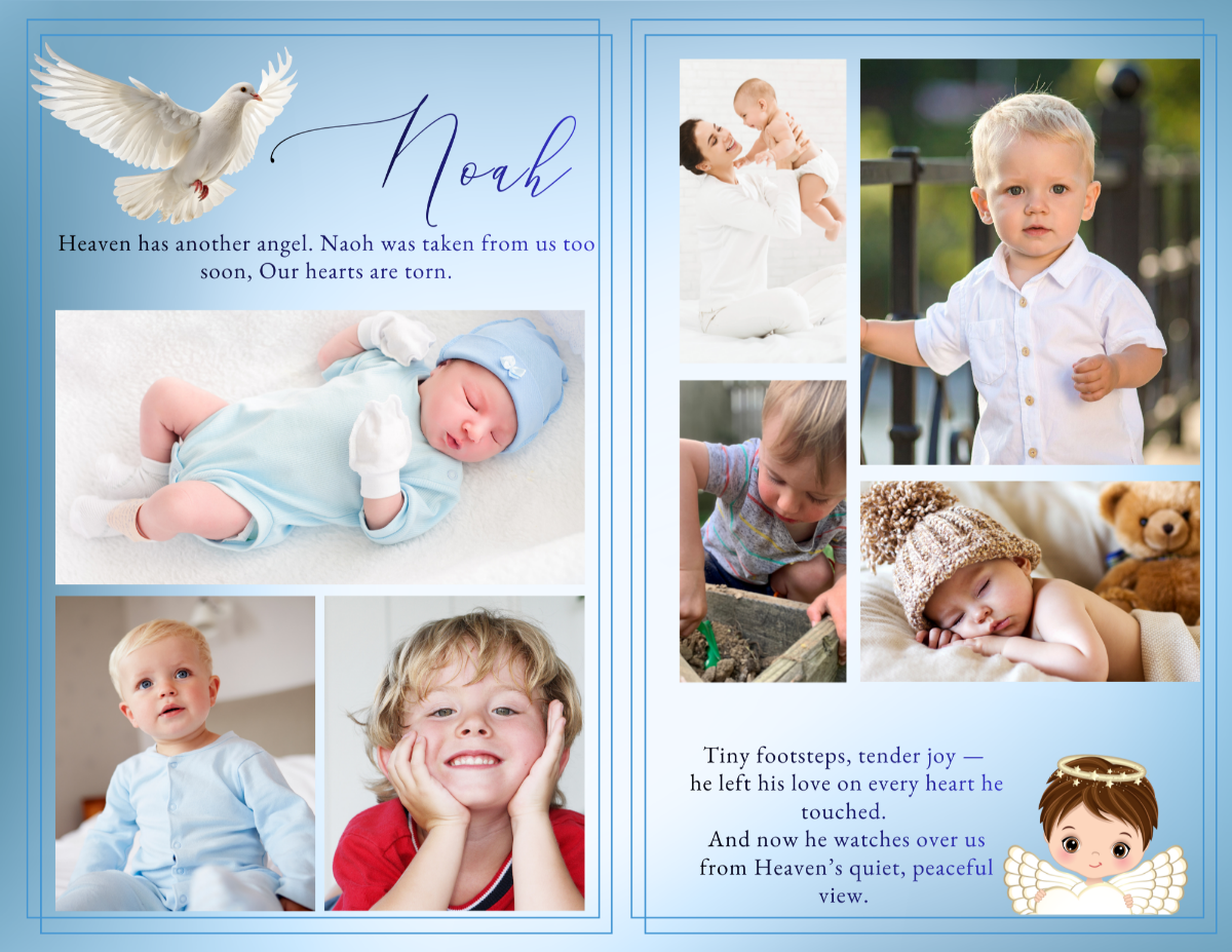 Photo collage tribute spread displaying baby photos, childhood moments, and family memories arranged in soft framed layouts with the calming sky-blue theme.