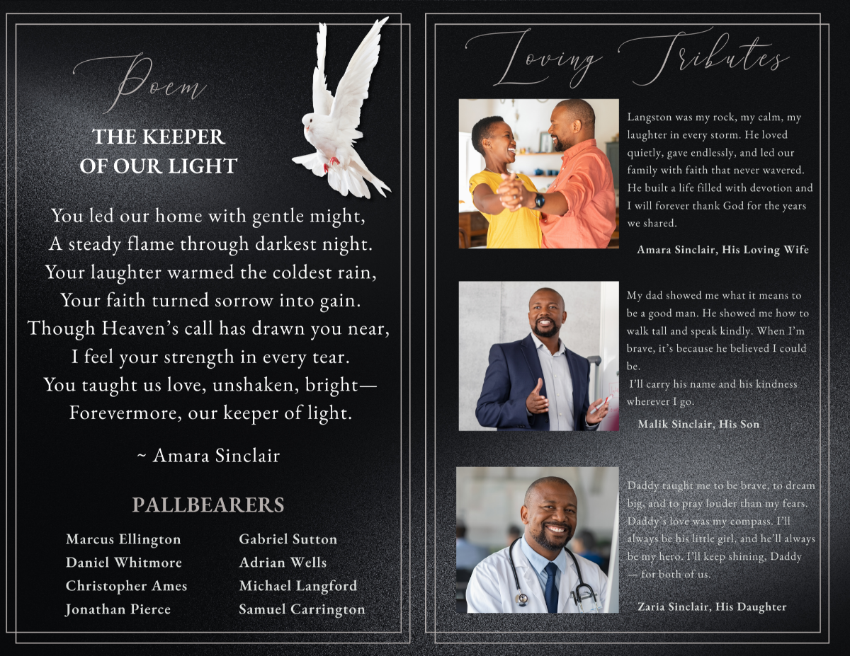 Interior spread featuring memorial poem on the left and photo-and-tribute sections on the right, all on a refined black background.