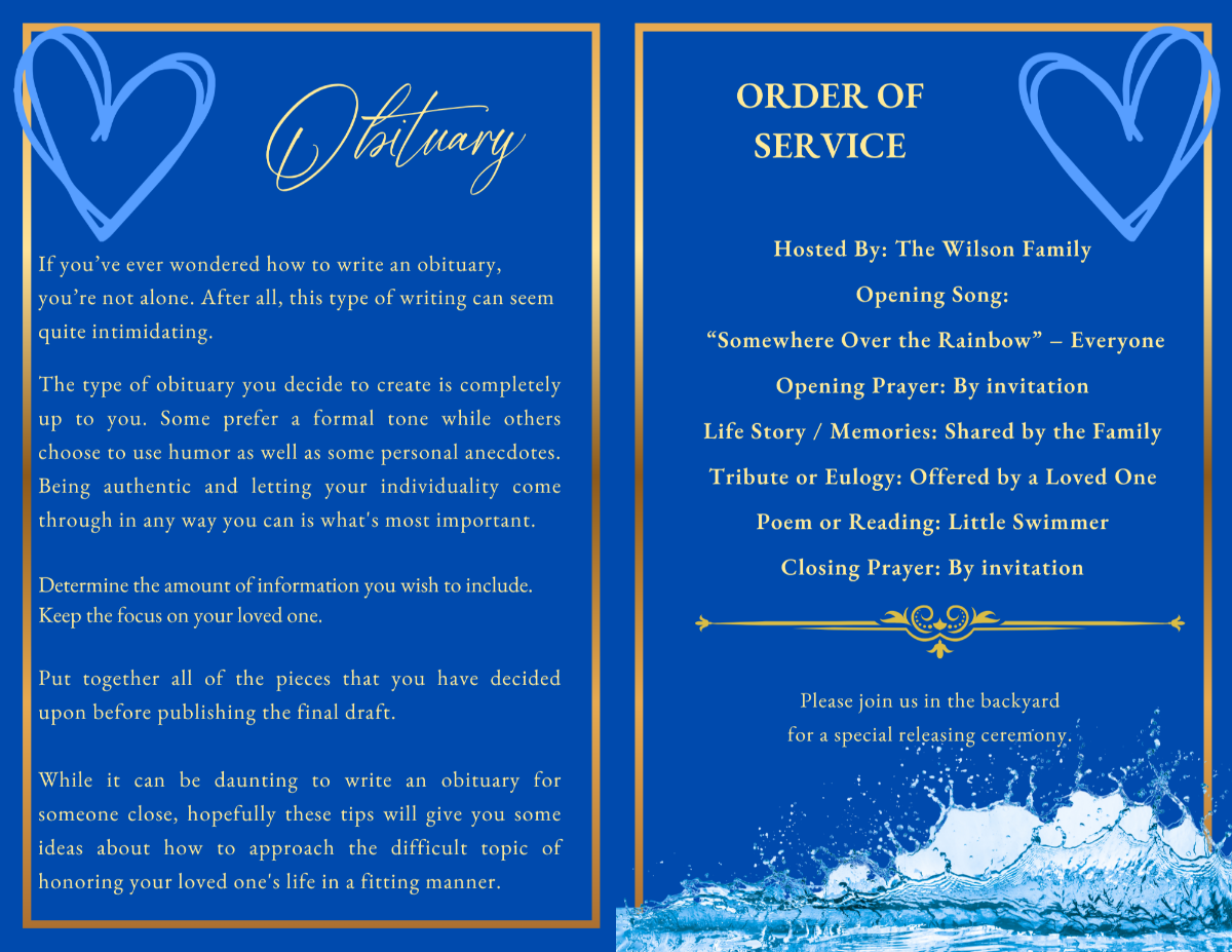 Fish memorial obituary and order of service pages featuring elegant typography, memorial readings, celebration-of-life details, and personalized tribute content.