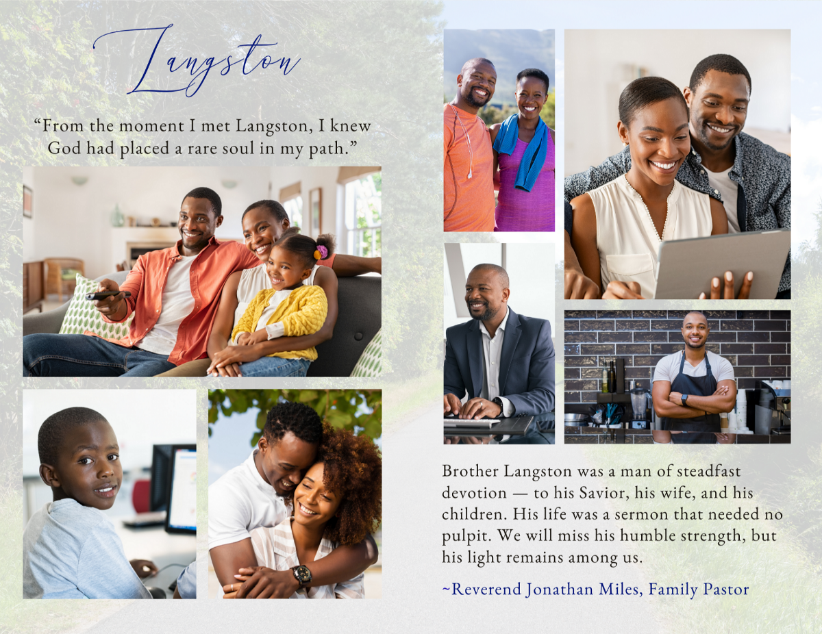 Photo collage layout showcasing meaningful life moments arranged in a clean layout with soft scenic background and balanced composition.