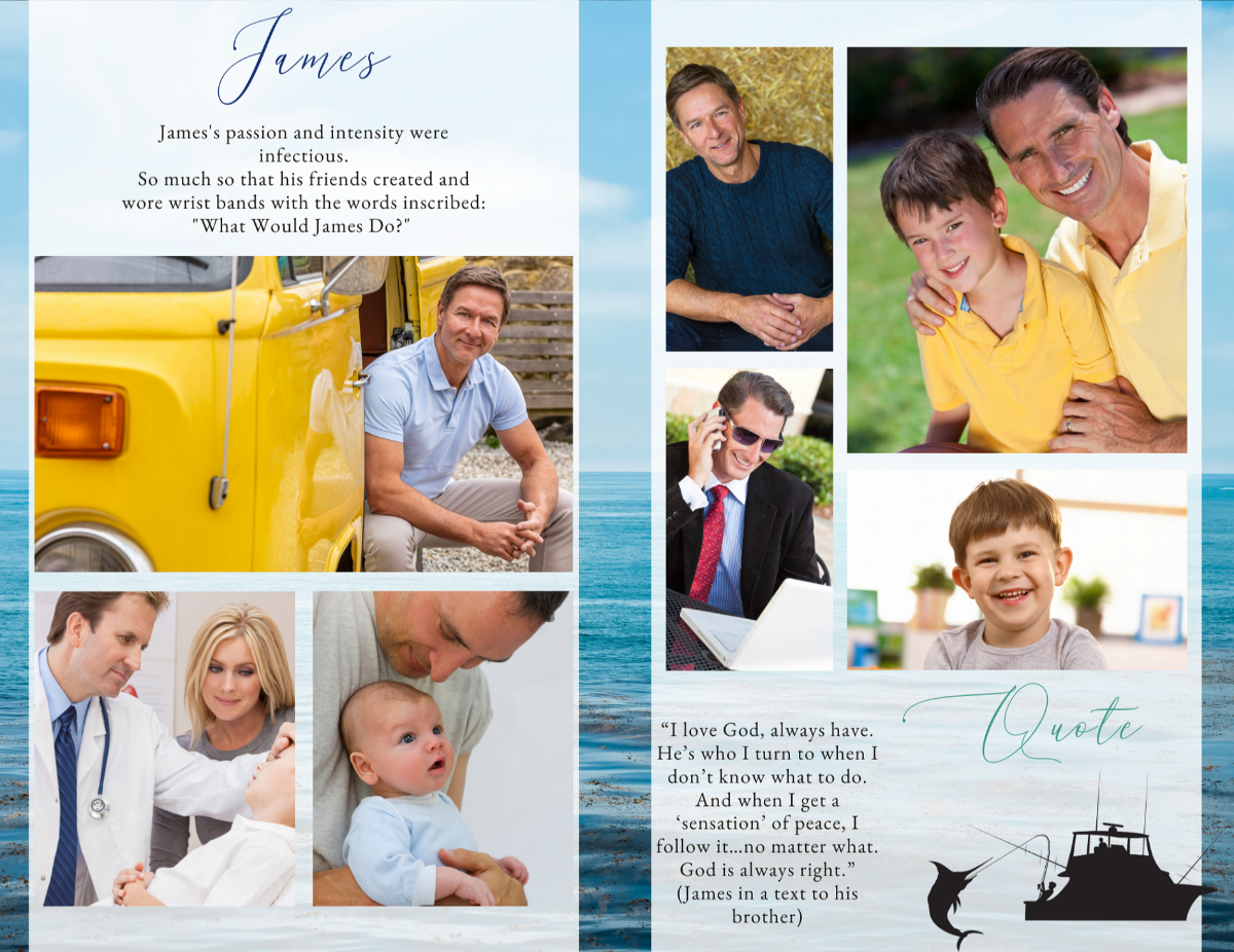 Photo collage pages from the Deep Sea Fishing memorial program showing family moments and quote section.