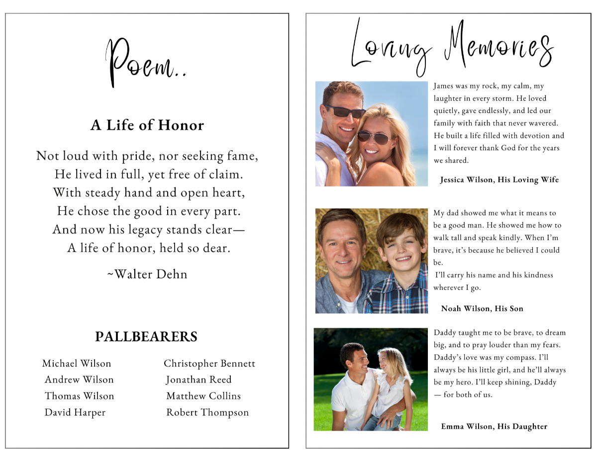 Pages displaying memorial poem, pallbearers list, and loving tributes with photos, designed in USAF patriotic style.