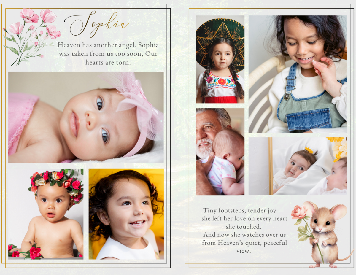 Photo collage and loving memories pages preserving tender childhood moments, family love, peaceful innocence, and the magical memory of a deeply cherished little girl.
