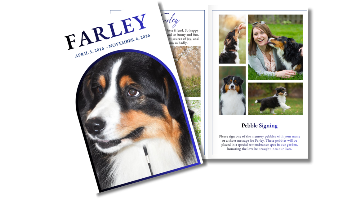 Front cover featuring a beloved dog portrait alongside an open interior spread with photos and heartfelt content in a soft, pet-themed design.
