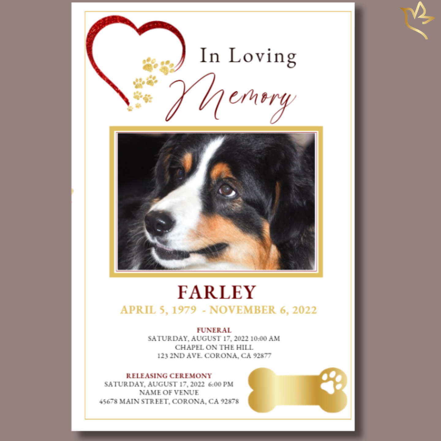Front cover featuring loyal dog portrait framed by red heart and gold pawprints, with “In Loving Memory” title.