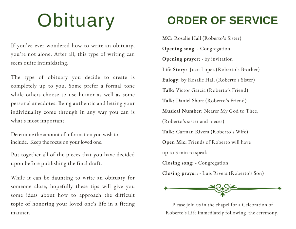 Interior obituary and order of service pages designed with classic typography, clean memorial layouts, and refined styling honoring a beloved man’s life and legacy.