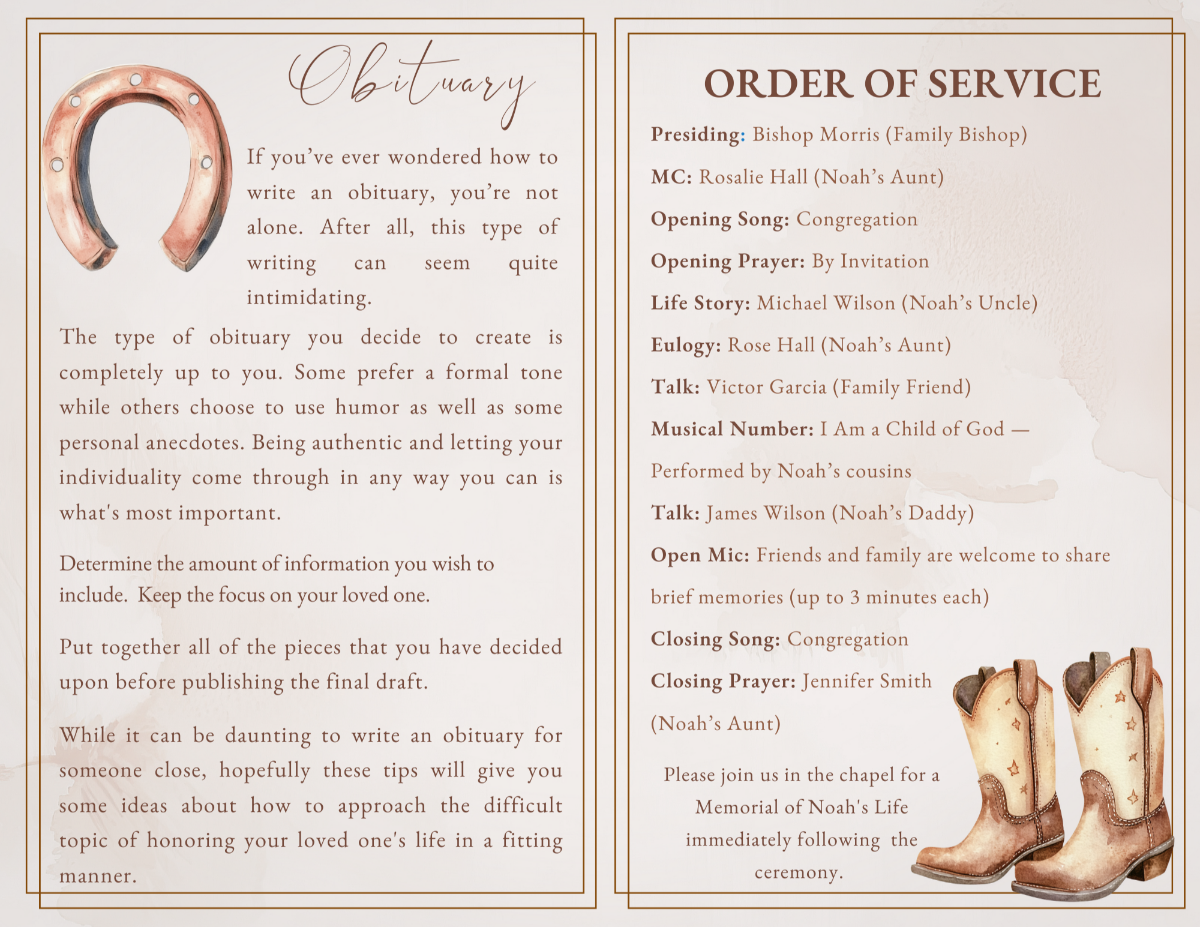 Obituary and order of service spread with warm neutral background, gold double-line borders, Western horseshoe accent, and decorative cowboy boots in the lower corner.