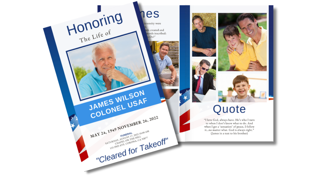 US Air Force funeral program front cover featuring patriotic red, white, and blue banner, framed portrait, and heartfelt tribute layout.