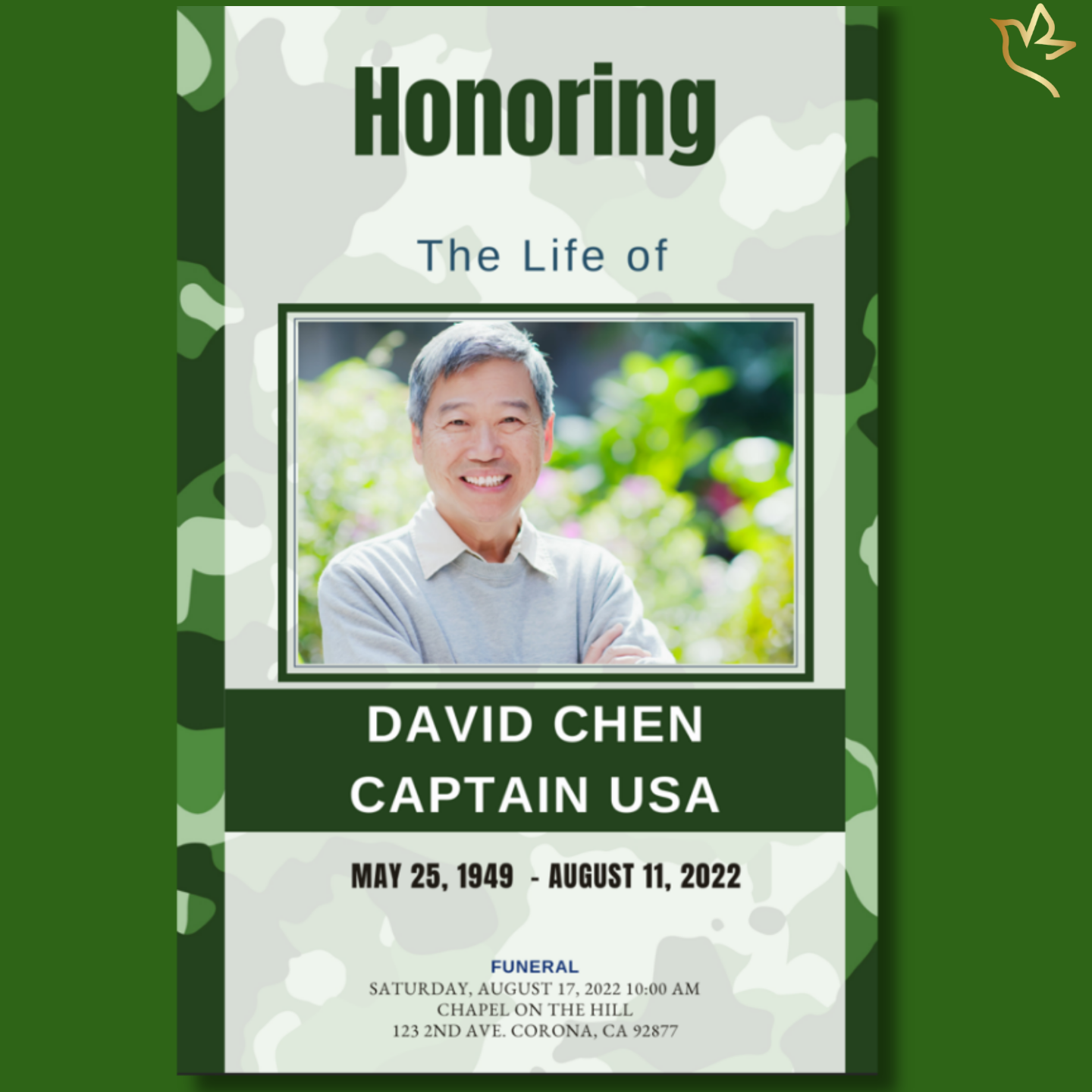 Front cover of Honored Veteran USA Funeral Program Template featuring photo of smiling older man with camouflage border.