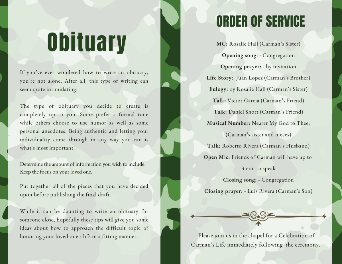 Obituary and Order of Service pages featuring bold military-style headings, structured sections, and camouflage backgrounds honoring a veteran’s life and service.