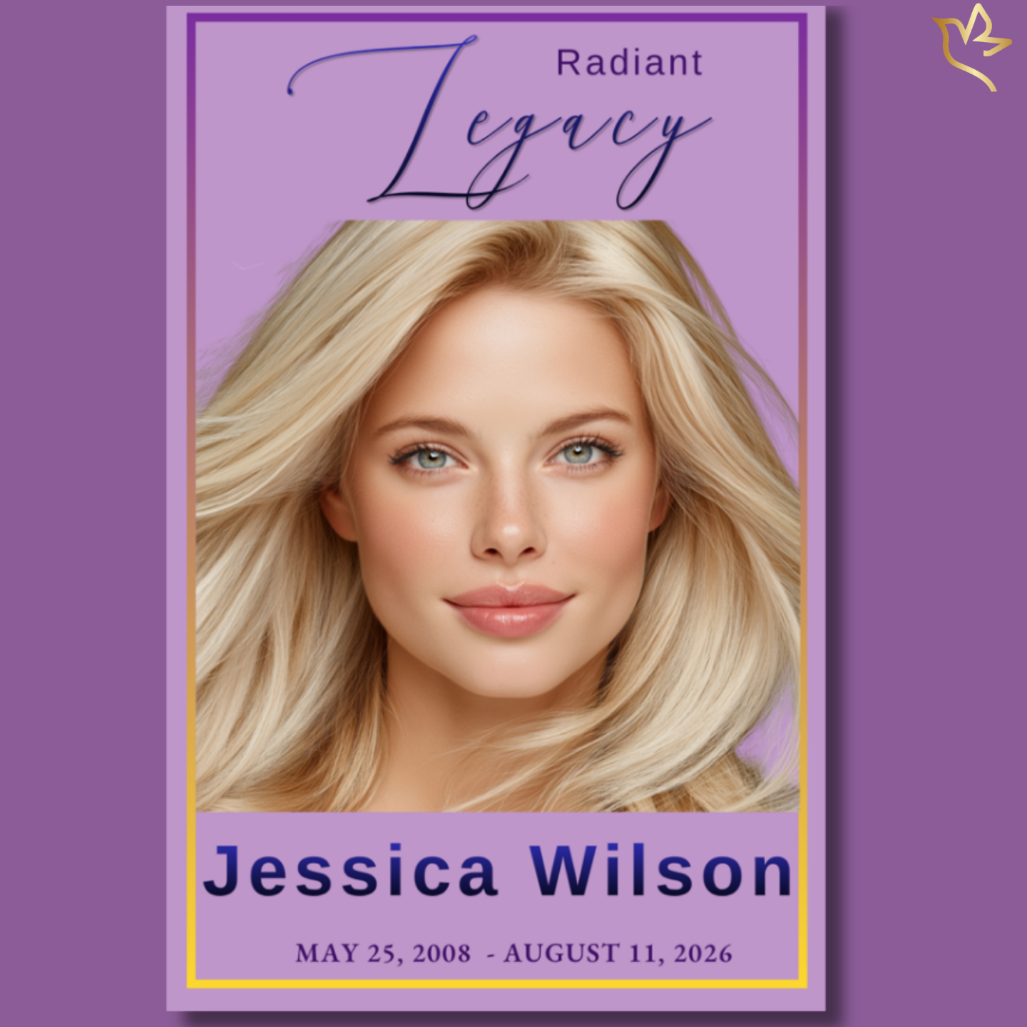 Radiant Legacy funeral program template featuring soft lavender and violet tones accented with elegant gold borders, graceful script typography, and a timeless feminine design created to celebrate the beauty, love, faith, and lasting influence of a beloved woman.
