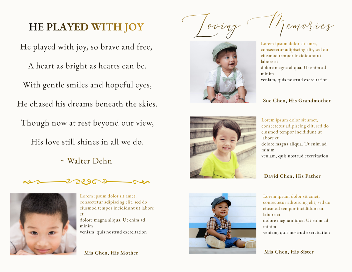 Memorial pages featuring heartfelt poetry, treasured family photographs, loving tributes, and comforting memories honoring a precious little boy.