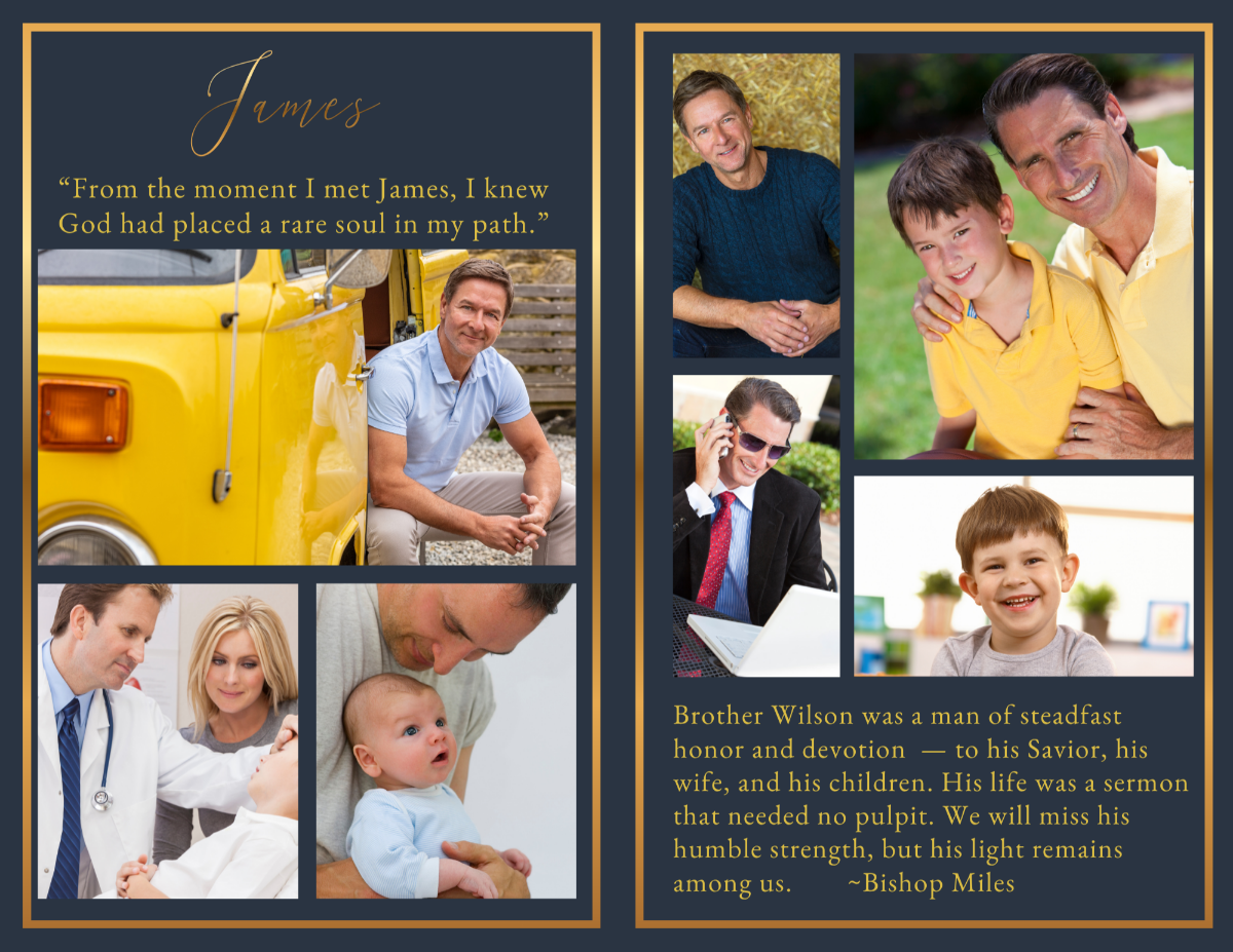 Photo collage and remembrance pages highlighting special family moments, treasured relationships, and lasting memories shared by loved ones throughout his life.