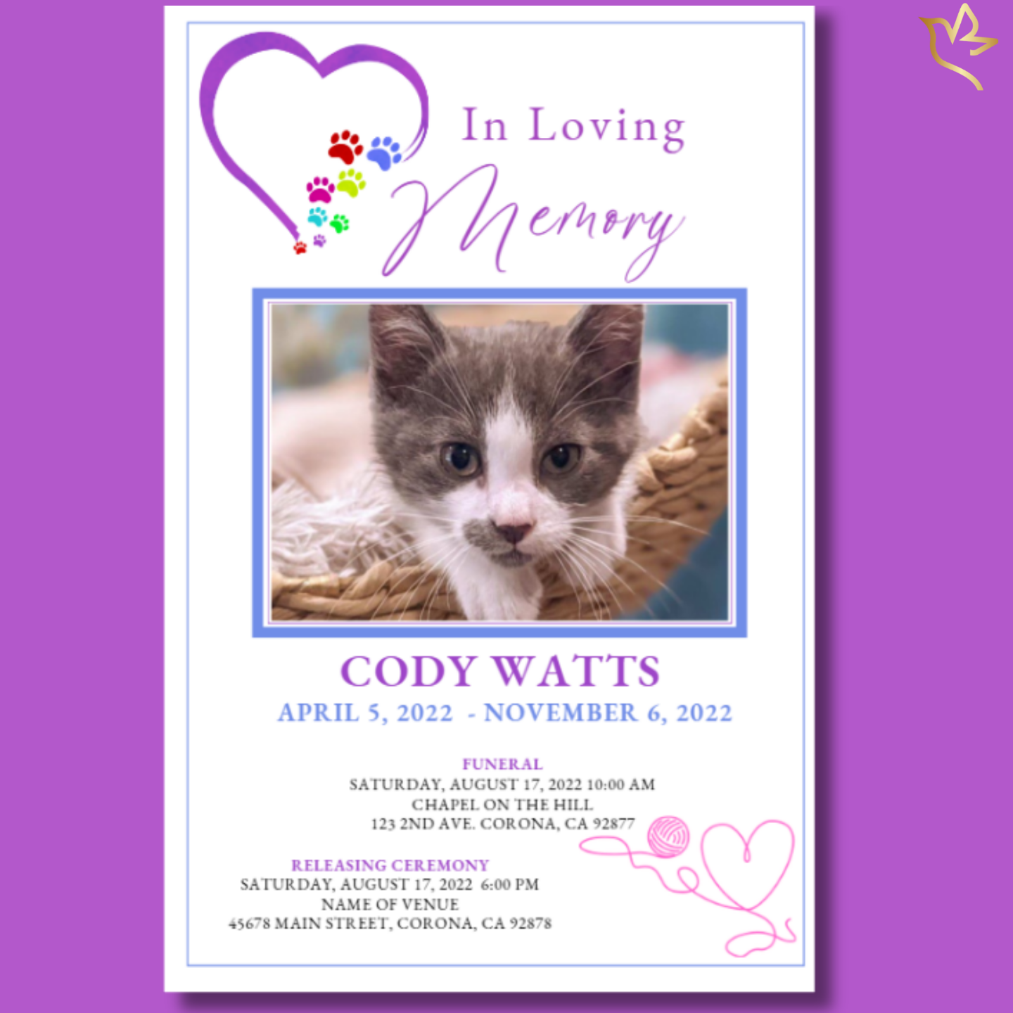 Rainbow Bridge Cat Funeral Program front cover featuring purple heart and rainbow paw print design with cat photo and “In Loving Memory” title.