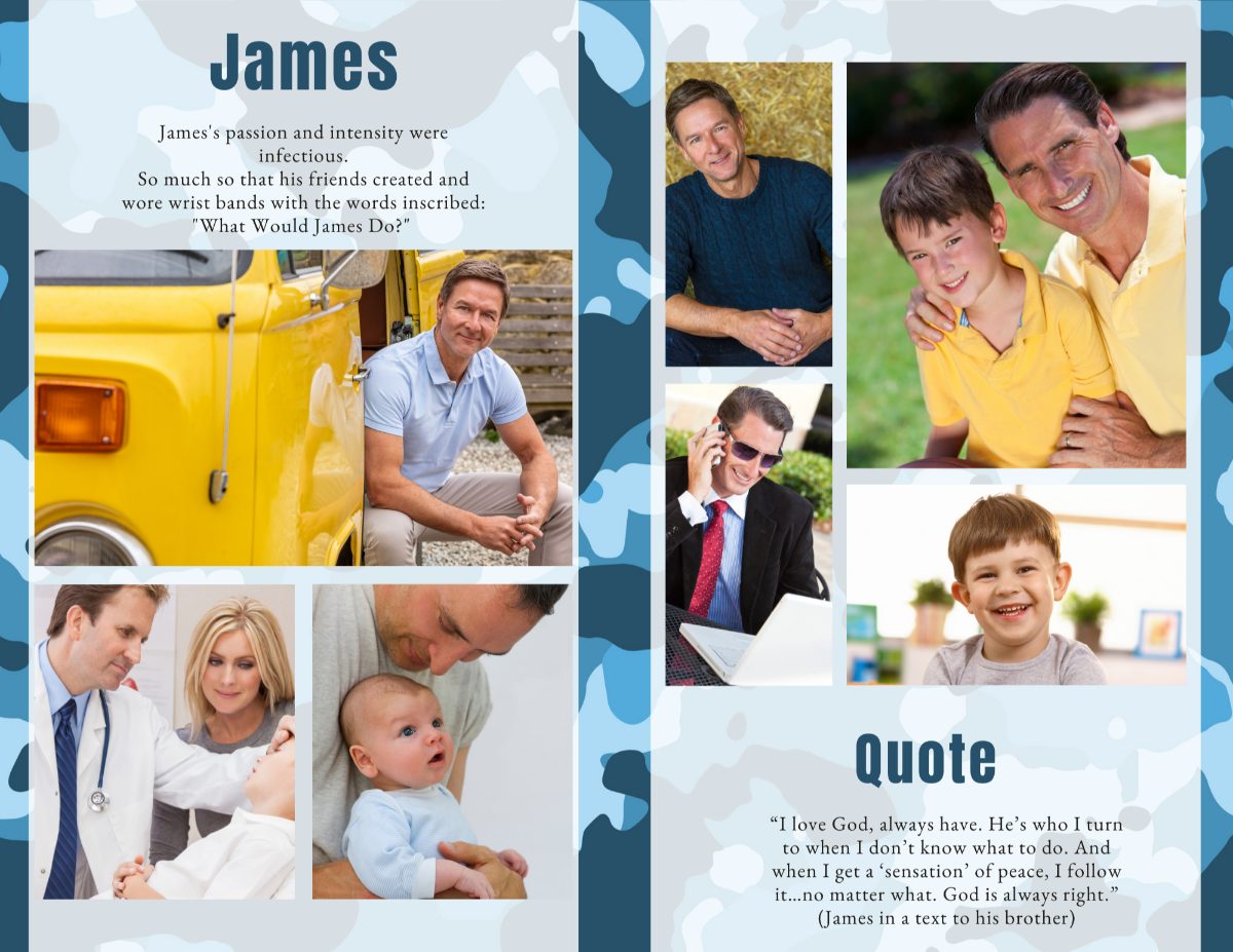 Optional photo collage layout with multiple images of the Air Force veteran framed against a blue camo background.