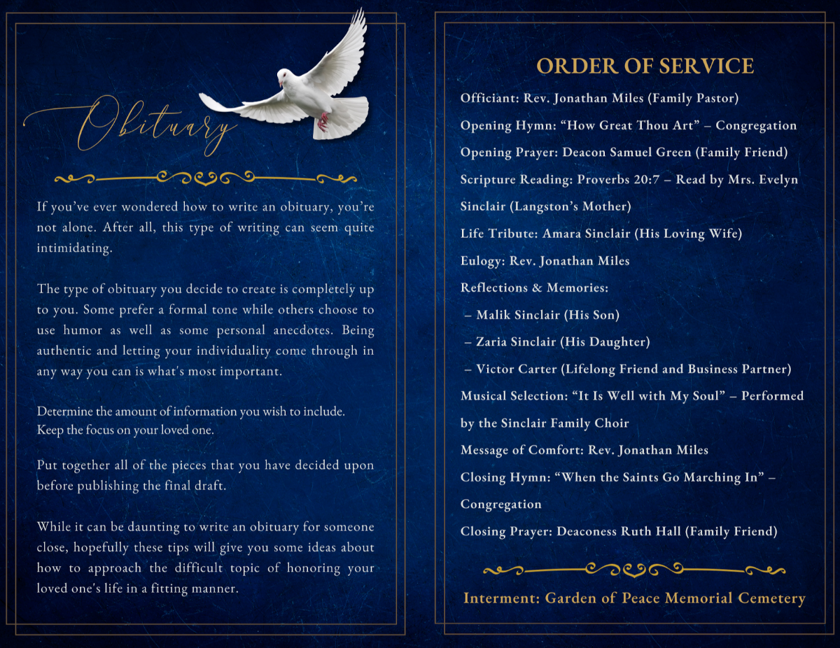 Two-page obituary and order of service layout on dark blue with gold framing; white dove illustration above obituary text and detailed service program with hymns, scripture, reflections, music, and interment notes.