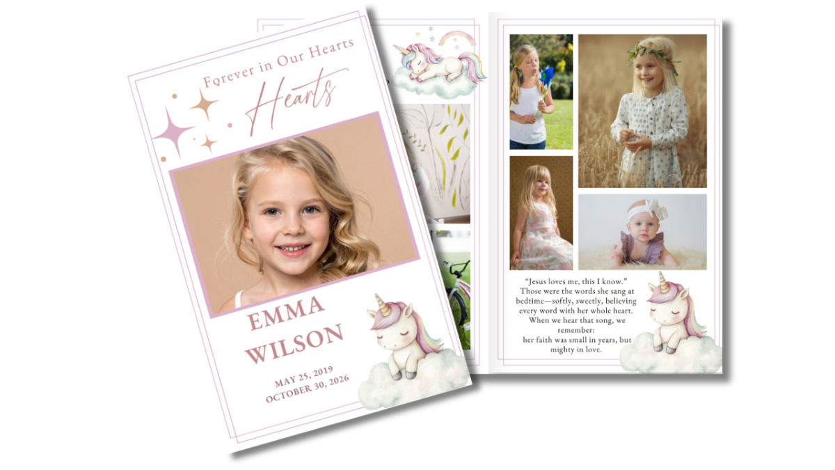Interior pages featuring obituary and order of service layouts with soft pastel colors, star accents, and gentle unicorn illustrations for a child memorial program.