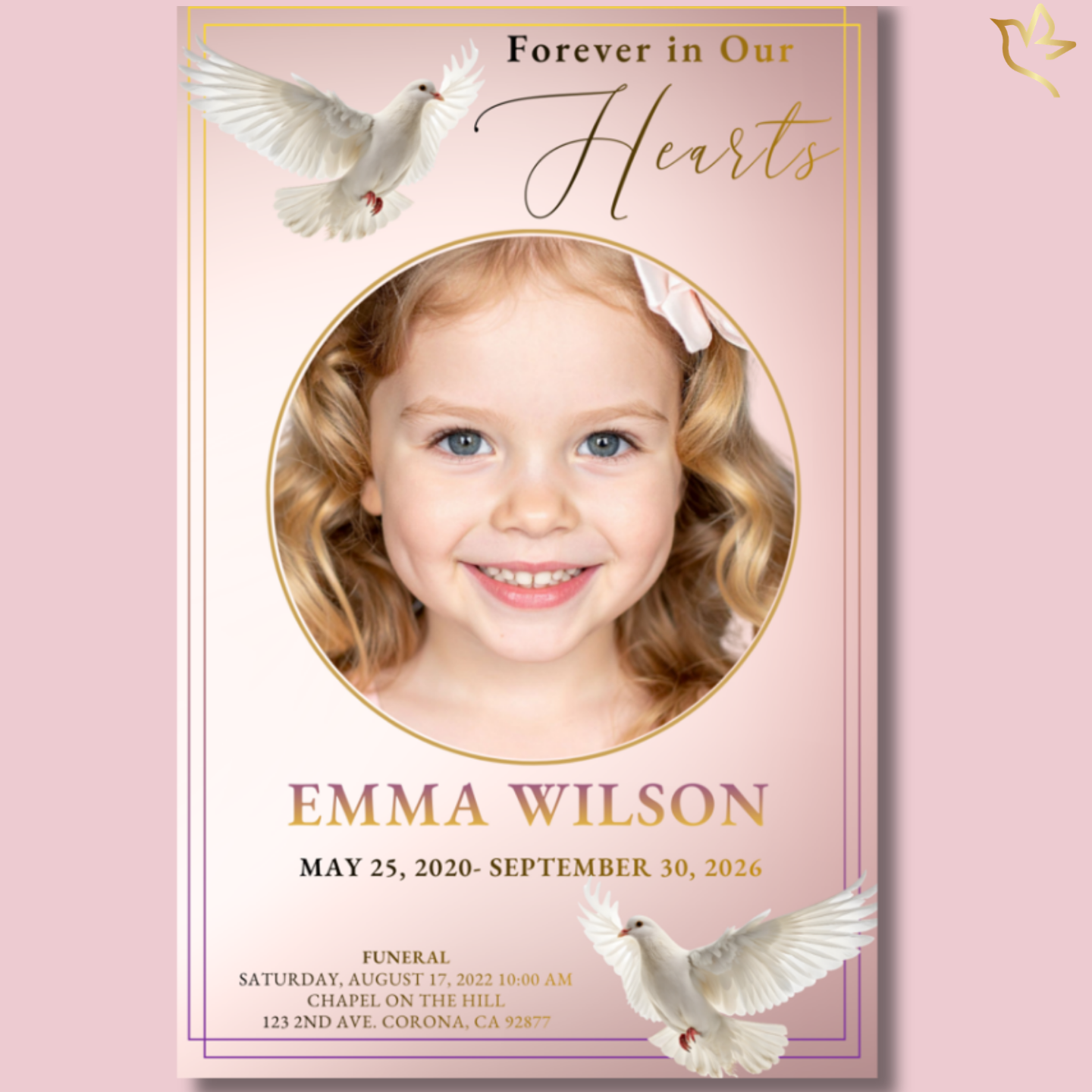 Wrapped in Tender Wings child funeral program cover featuring a smiling young girl framed in a circular portrait with soft blush background, gold accents, and white doves symbolizing heavenly peace.