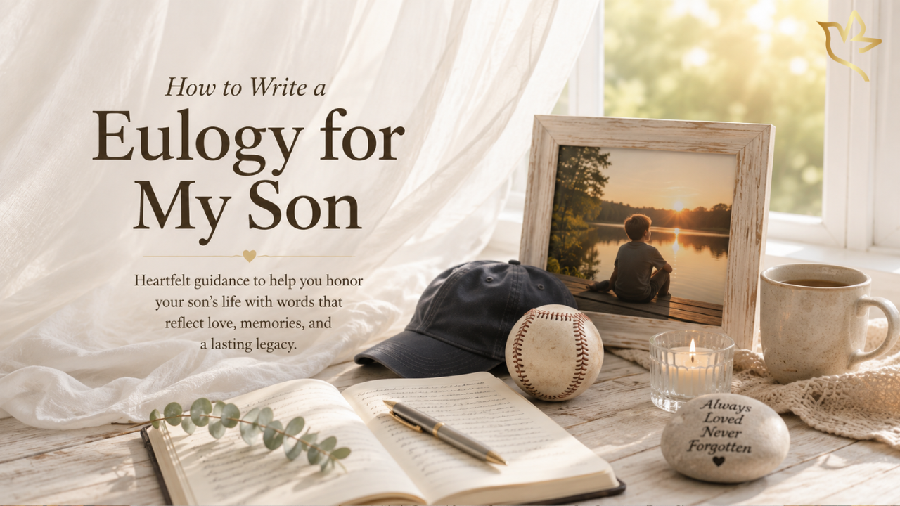 How to Write a Eulogy for My Son guide with an open journal, baseball, cap, candle, and framed photograph of a son beside a peaceful lake.