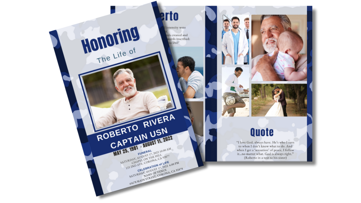 Program spread showing front and back pages with blue military theme and clean design.