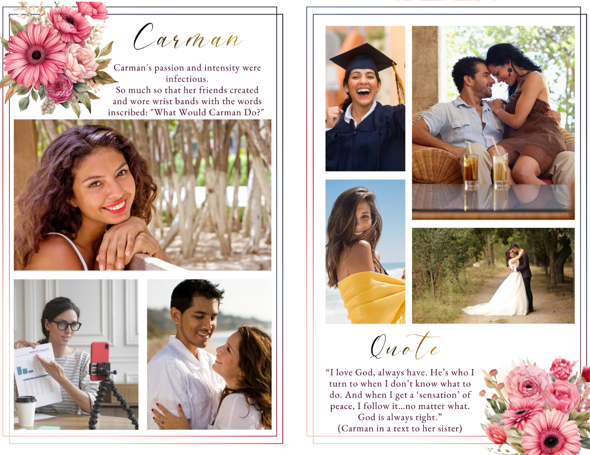 Photo collage spread featuring multiple images of the loved one—graduation, family moments, outdoor portraits, and wedding photo—beautifully arranged with pink floral accents and a tender quote.