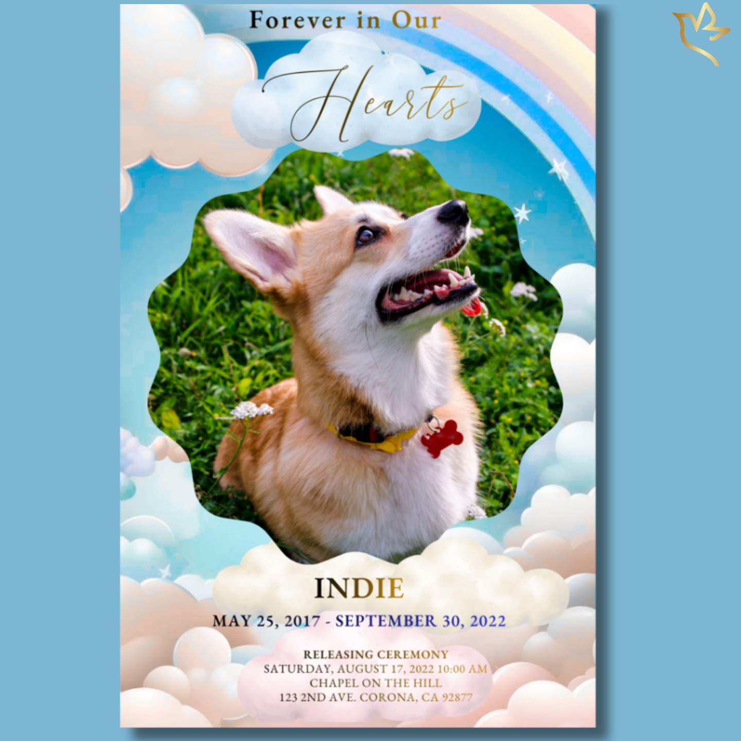 Sky-blue memorial program cover featuring a beloved dog framed in soft clouds beneath a rainbow, with gentle stars and a peaceful pastel sky honoring a loyal companion.