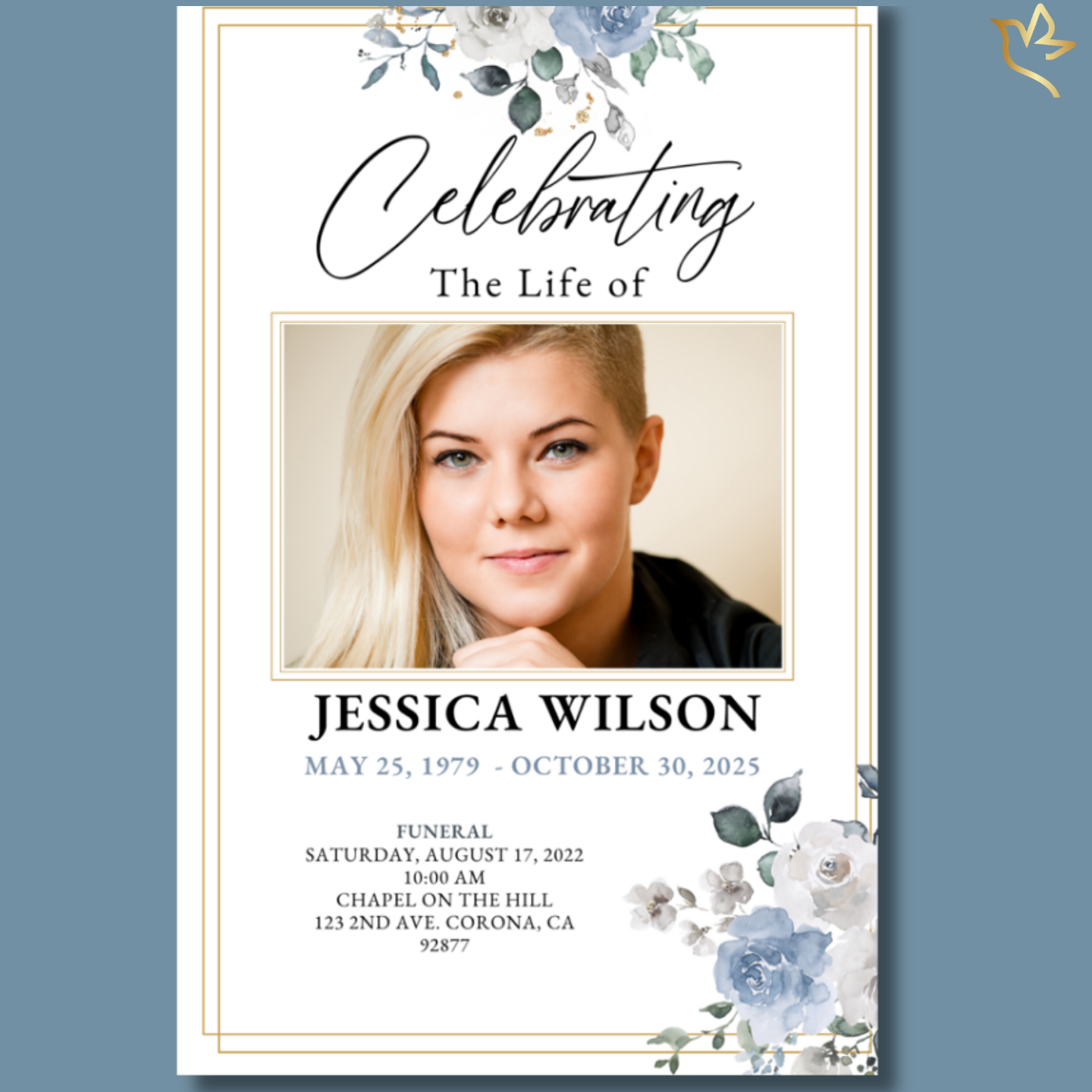 Front cover of Faith and Hope Funeral Program Template featuring smiling woman with blue watercolor florals and elegant gold frame.