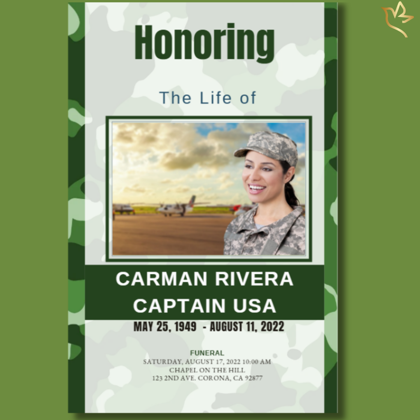 Honored Veteran U.S. Army Woman funeral program cover featuring a camouflage background with bold green military accents, a centered portrait of a woman in uniform, and strong typography honoring her service and life.
