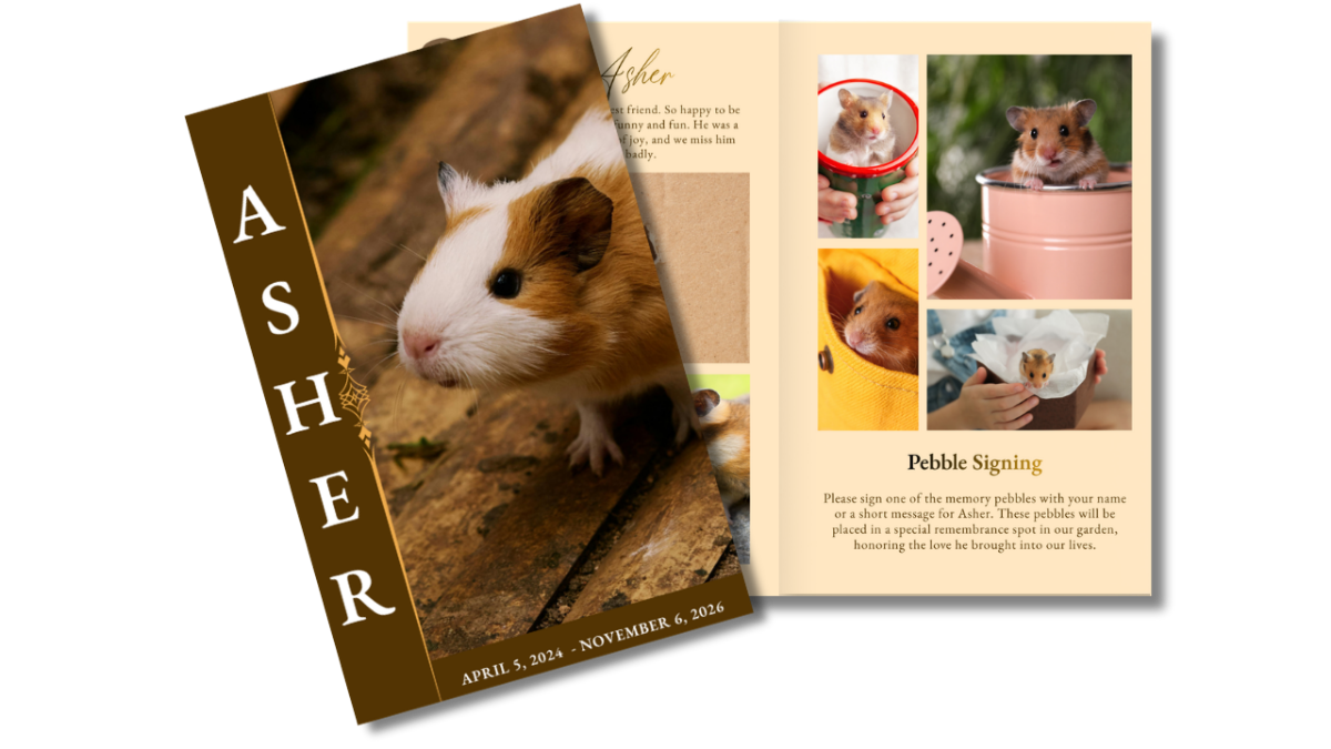 Small pet funeral program cover featuring a tiny hamster and open photo collage pages on a rustic wooden surface, with warm brown tones and soft lighting, paired with elegant vertical name typography.
