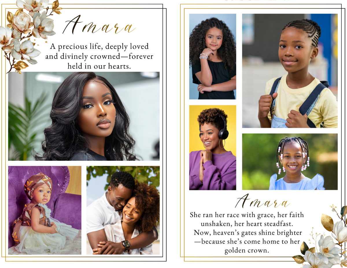 Photo collage tribute spread featuring childhood, family, and life milestone portraits arranged in balanced layouts with ivory magnolia floral accents.