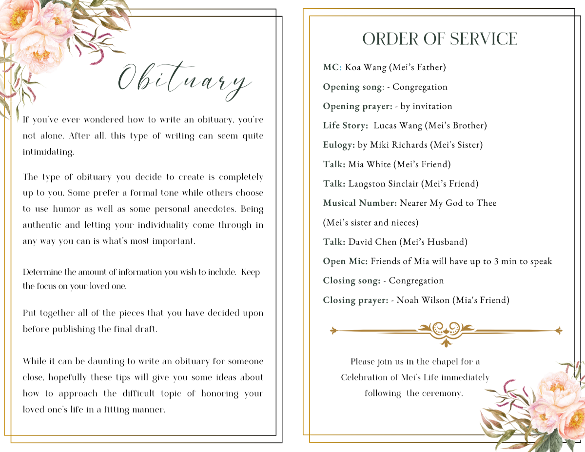 Obituary and Order of Service pages featuring structured sections, elegant script headings, and soft peony floral accents framing the memorial text.