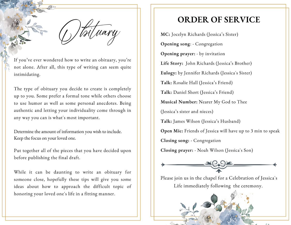 Obituary and order of service pages with soft blue-gray florals and refined gold borders.