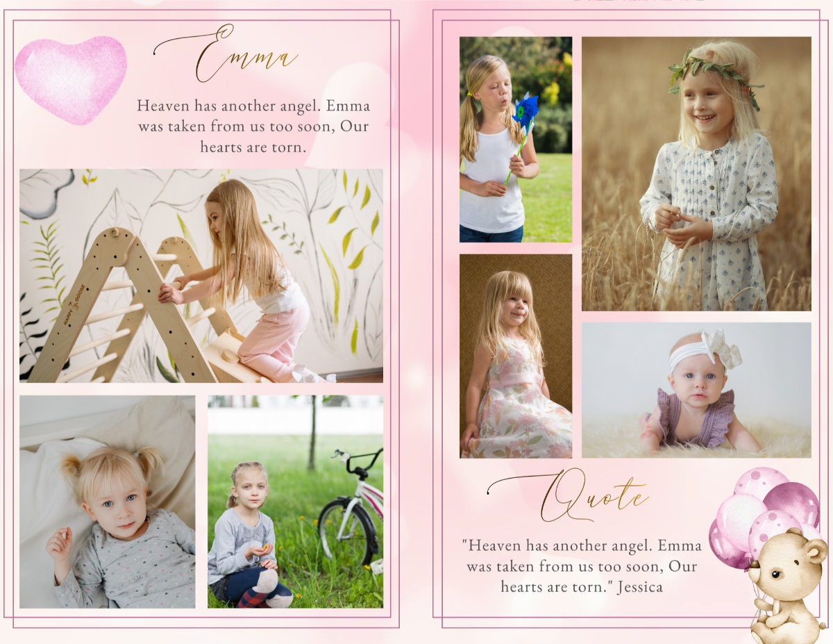 Collage page displaying multiple childhood photos arranged against a blush pink background with rose borders and tender decorative accents.