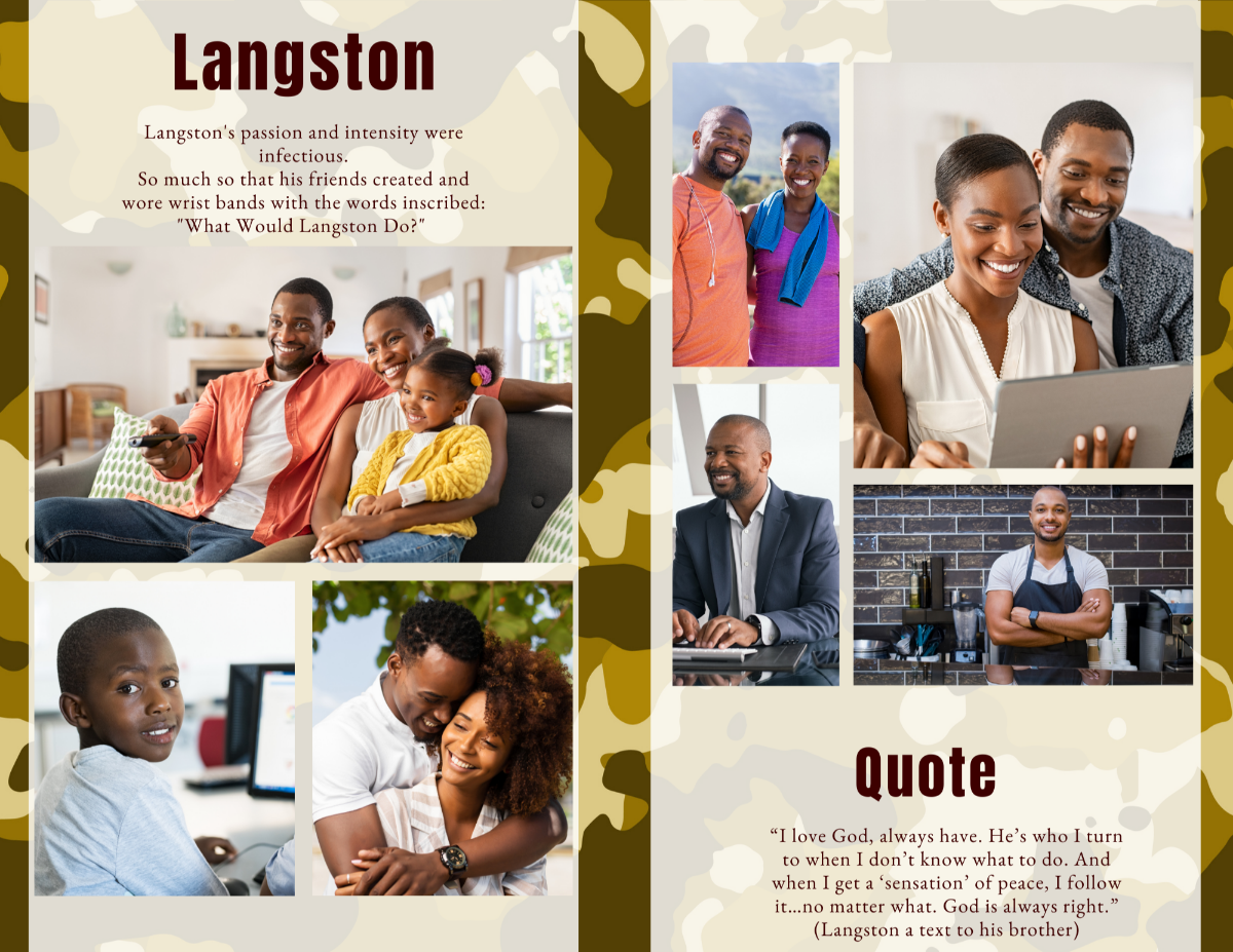 Photo collage page featuring multiple images and a memorial quote in a masculine U.S. Marine camo theme.