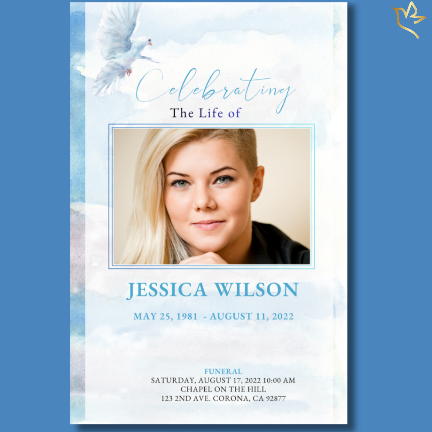 Soft watercolor sky funeral program cover featuring white doves, serene blue tones, and framed photo area in a peaceful memorial design.